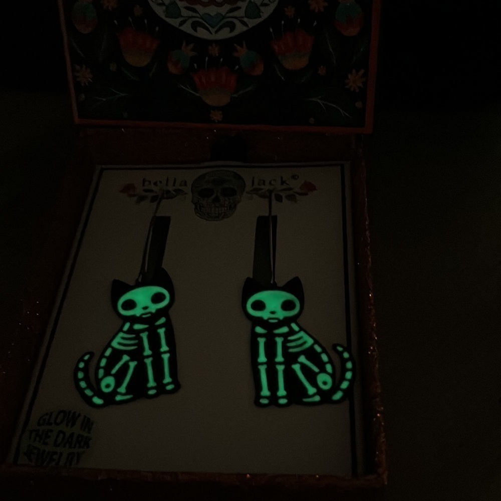 BELLA & JACK GLOW IN THE DARK SKELETON CAT DAY OF THE DEAD WIRE DANGLE EARRINGS - Picture 8 of 8